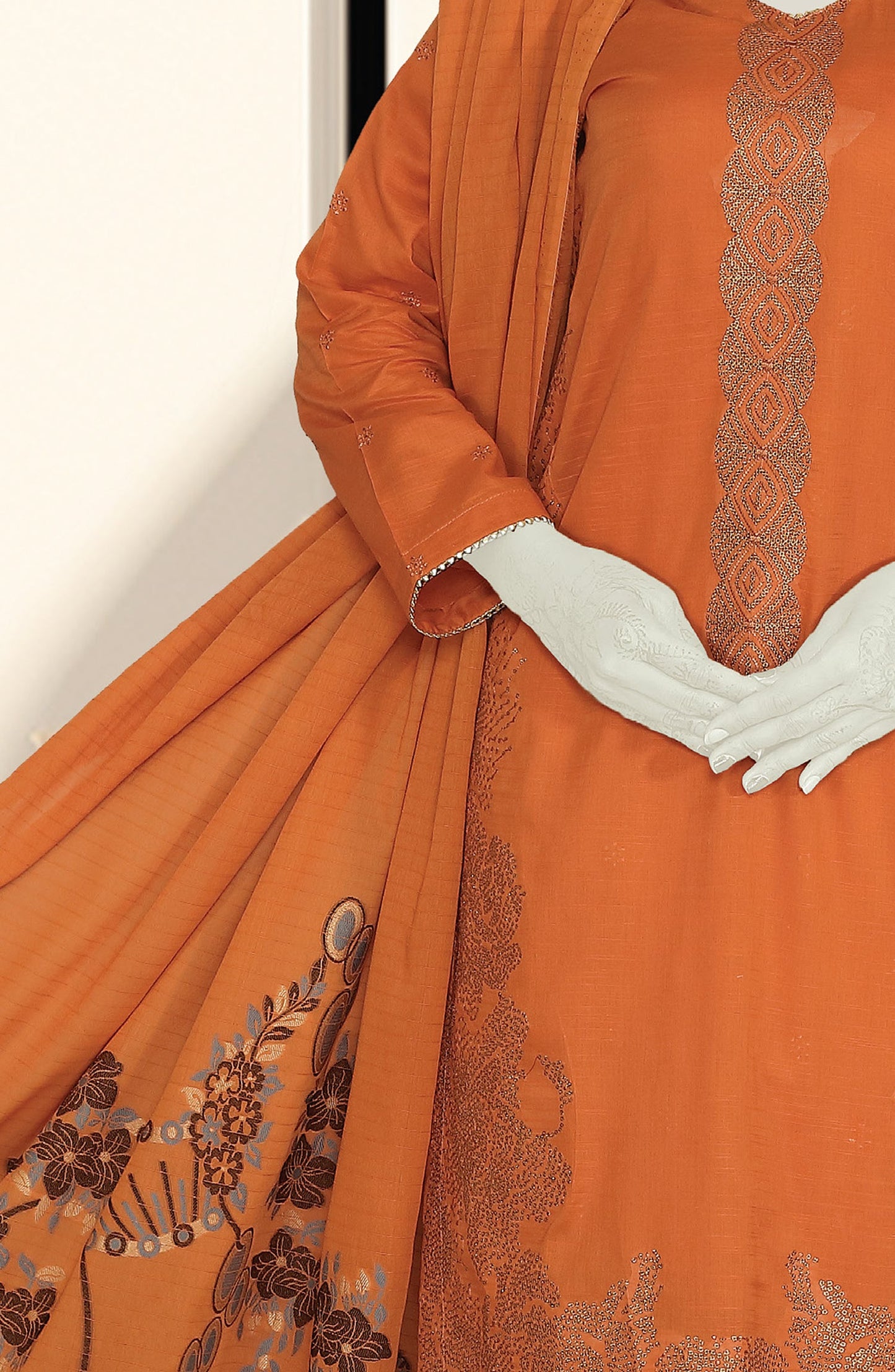 Embroidered Slub Lawn Unstitched 3 Piece Suit - D-07 - AK26SLB - Rust - Summer Collection