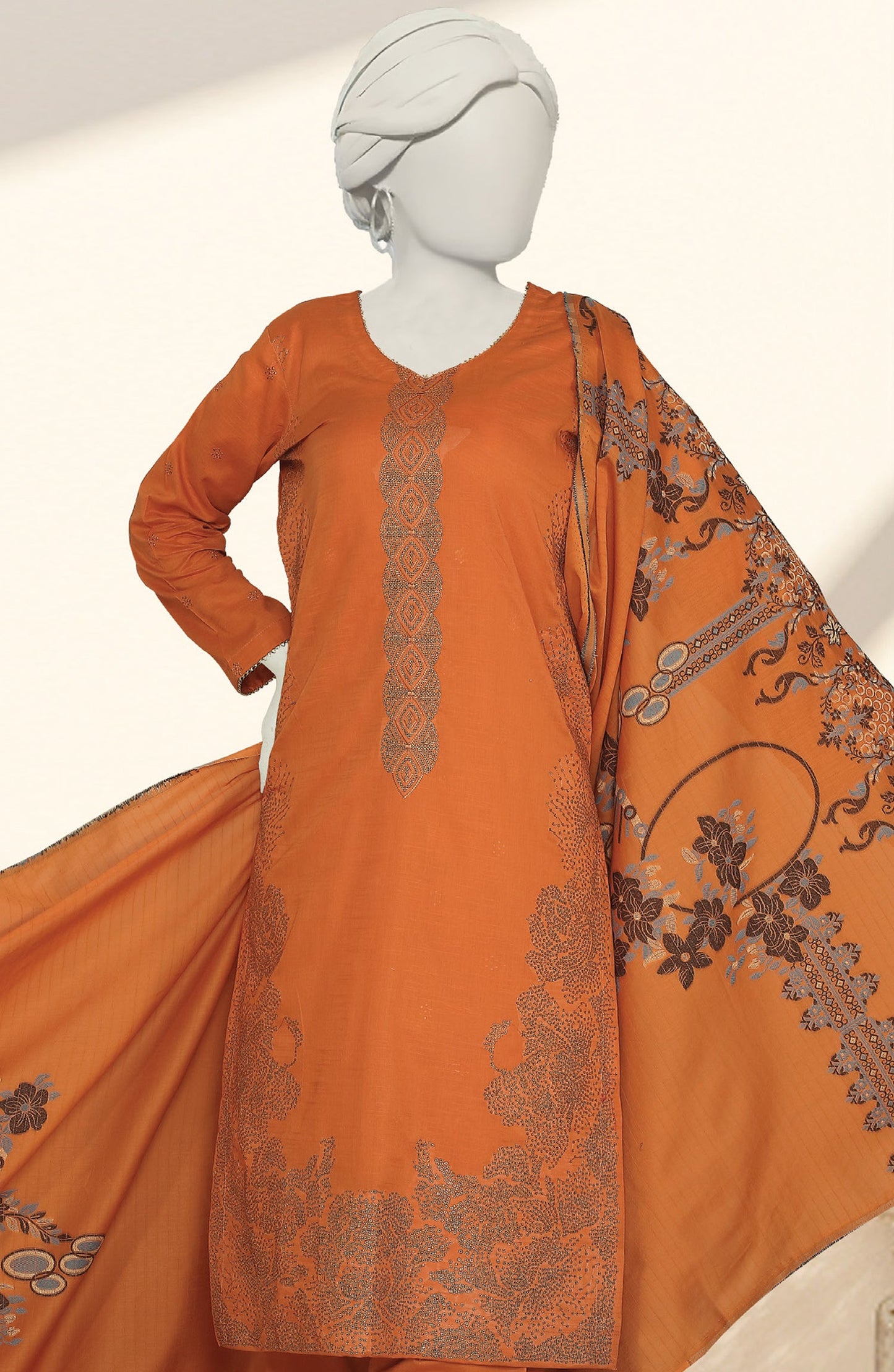 Al Karim Embroidered Slub Lawn Unstitched 3 Piece Suit - D-07 - AK26SLB - Rust - Summer Collection
