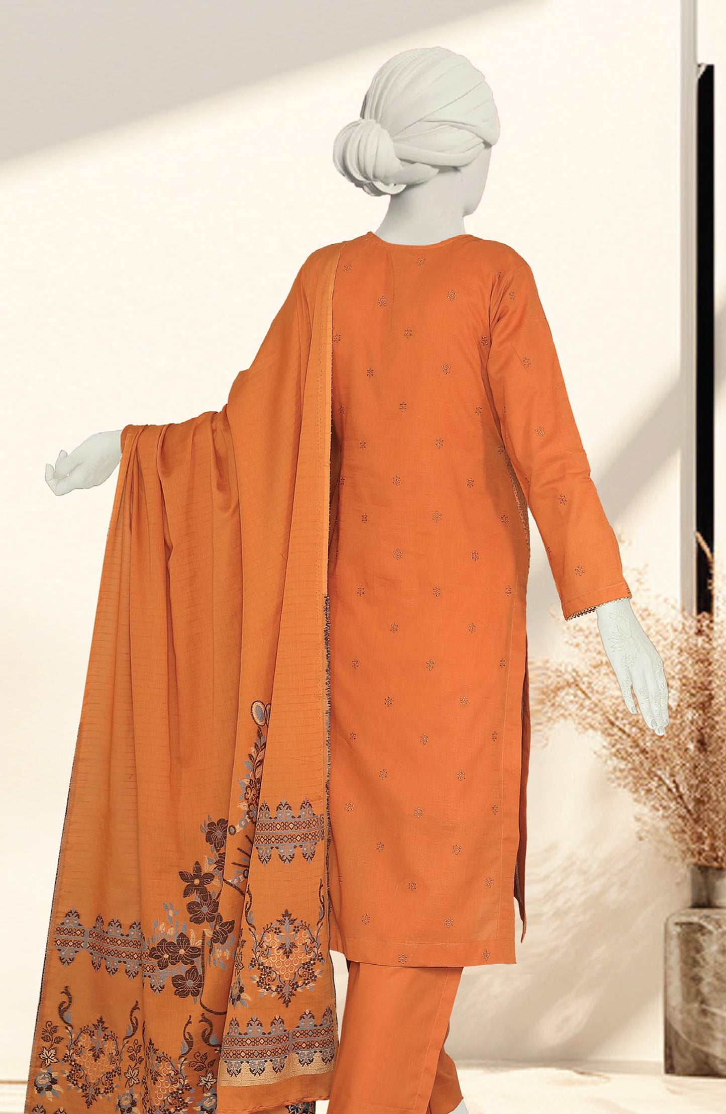 Al Karim Embroidered Slub Lawn Unstitched 3 Piece Suit - D-07 - AK26SLB - Rust - Summer Collection
