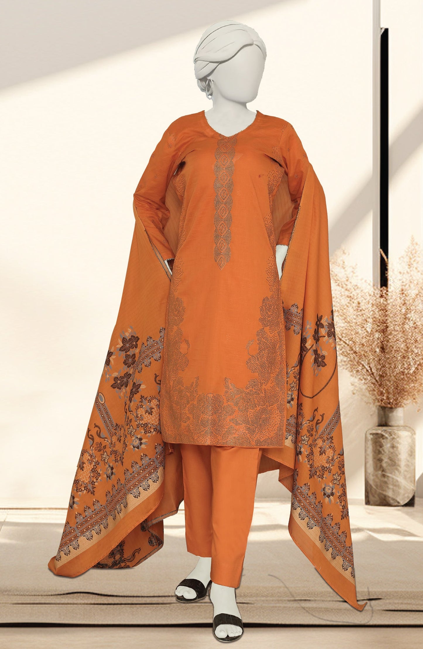 Al Karim Embroidered Slub Lawn Unstitched 3 Piece Suit - D-07 - AK26SLB - Rust - Summer Collection