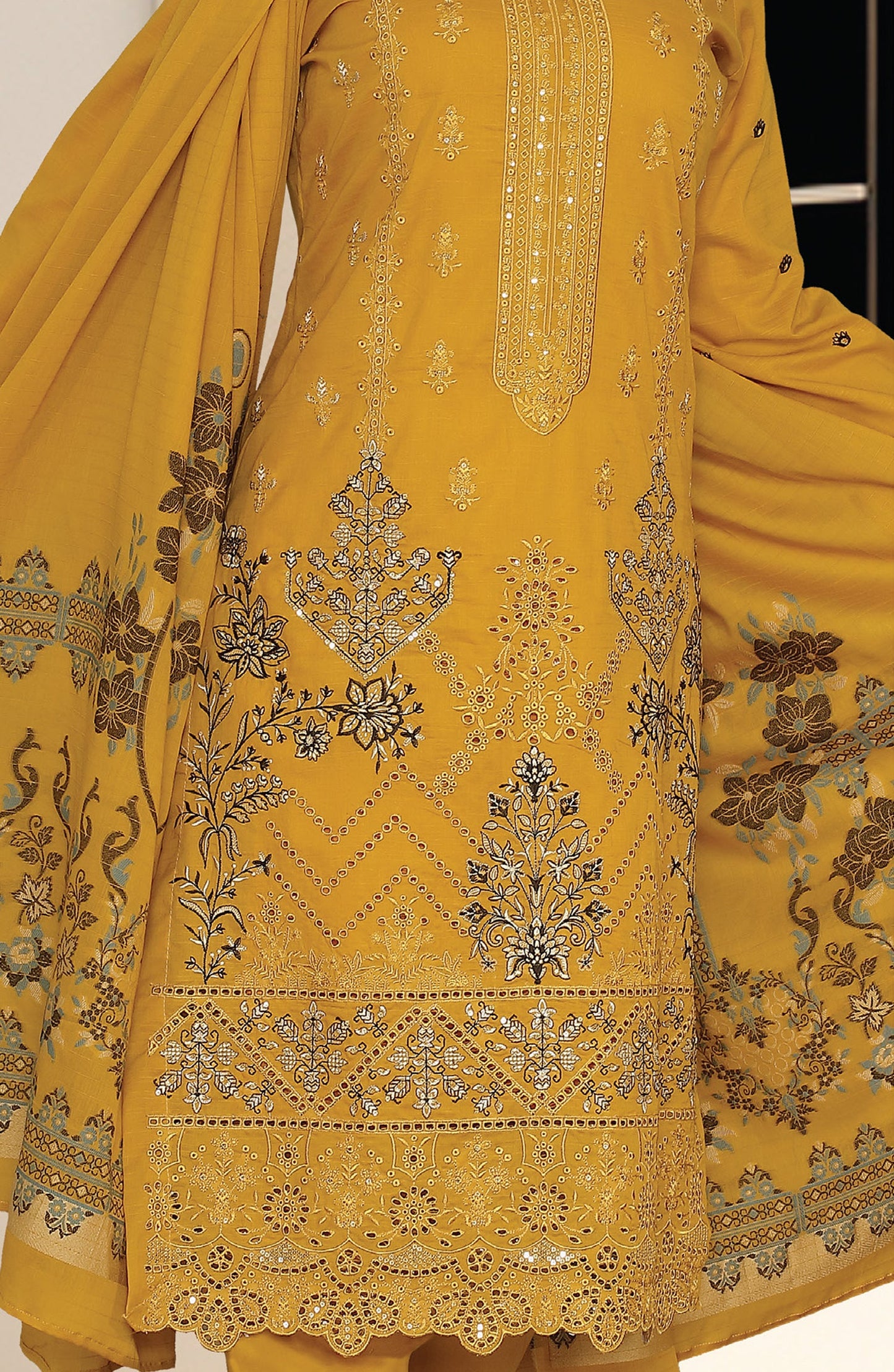 Al Karim Embroidered Slub Lawn Unstitched 3 Piece Suit - D-04 - AK26SLB - Yellow - Summer Collection