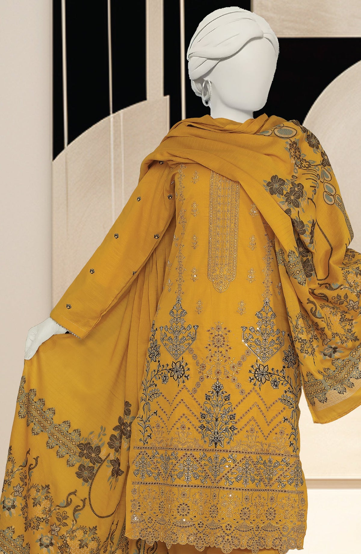 Embroidered Slub Lawn Unstitched 3 Piece Suit - D-04 - AK26SLB - Yellow - Summer Collection