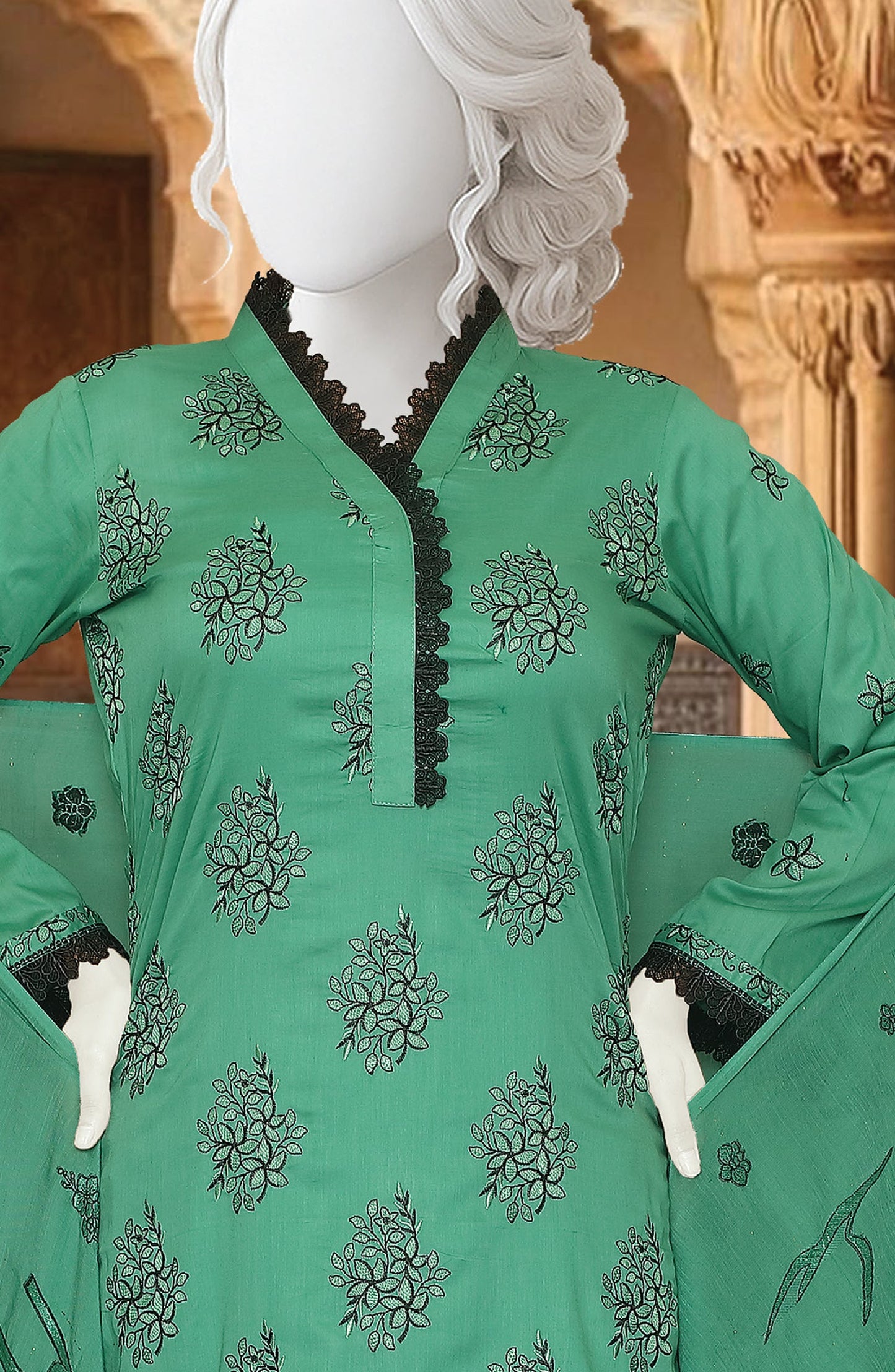 Embroidered Fancy Brosha Lawn Unstitched 3 Piece Suit - D-06 - AK26SHA - Green - Summer Collection