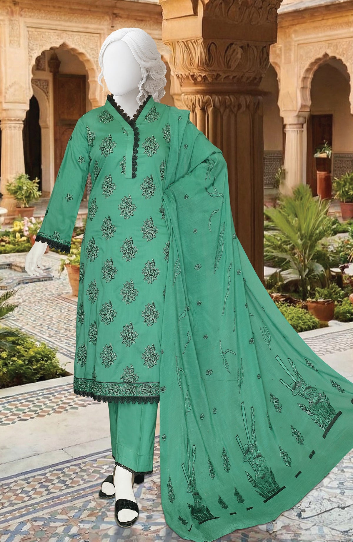 Embroidered Fancy Brosha Lawn Unstitched 3 Piece Suit - D-06 - AK26SHA - Green - Summer Collection