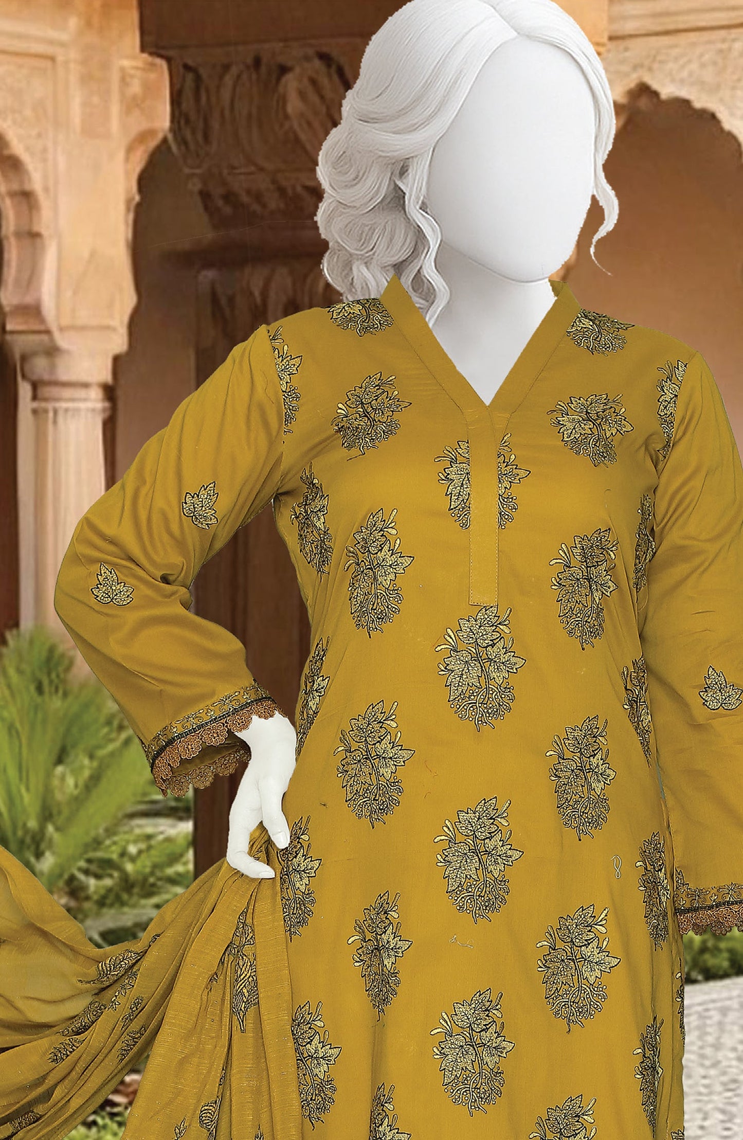 Al Karim Embroidered Fancy Brosha Lawn Unstitched 3 Piece Suit - D-02 - AK26SHA - Mustard - Summer Collection