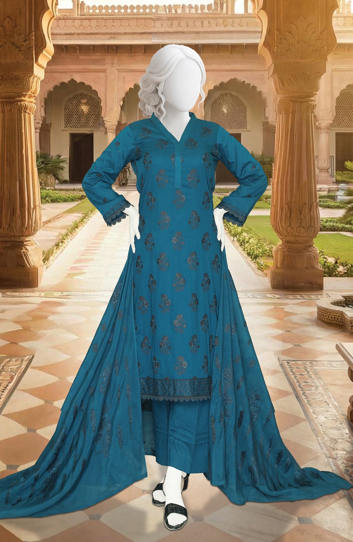 Al Karim Embroidered Fancy Brosha Lawn Unstitched 3 Piece Suit - D-01 - AK26SHA - Teal - Summer Collection