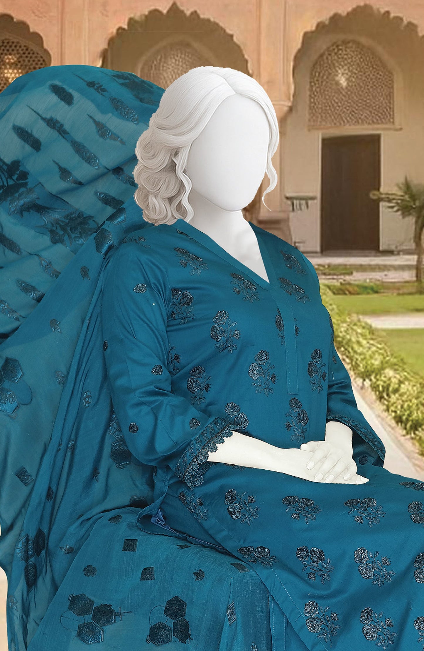 Al Karim Embroidered Fancy Brosha Lawn Unstitched 3 Piece Suit - D-01 - AK26SHA - Teal - Summer Collection