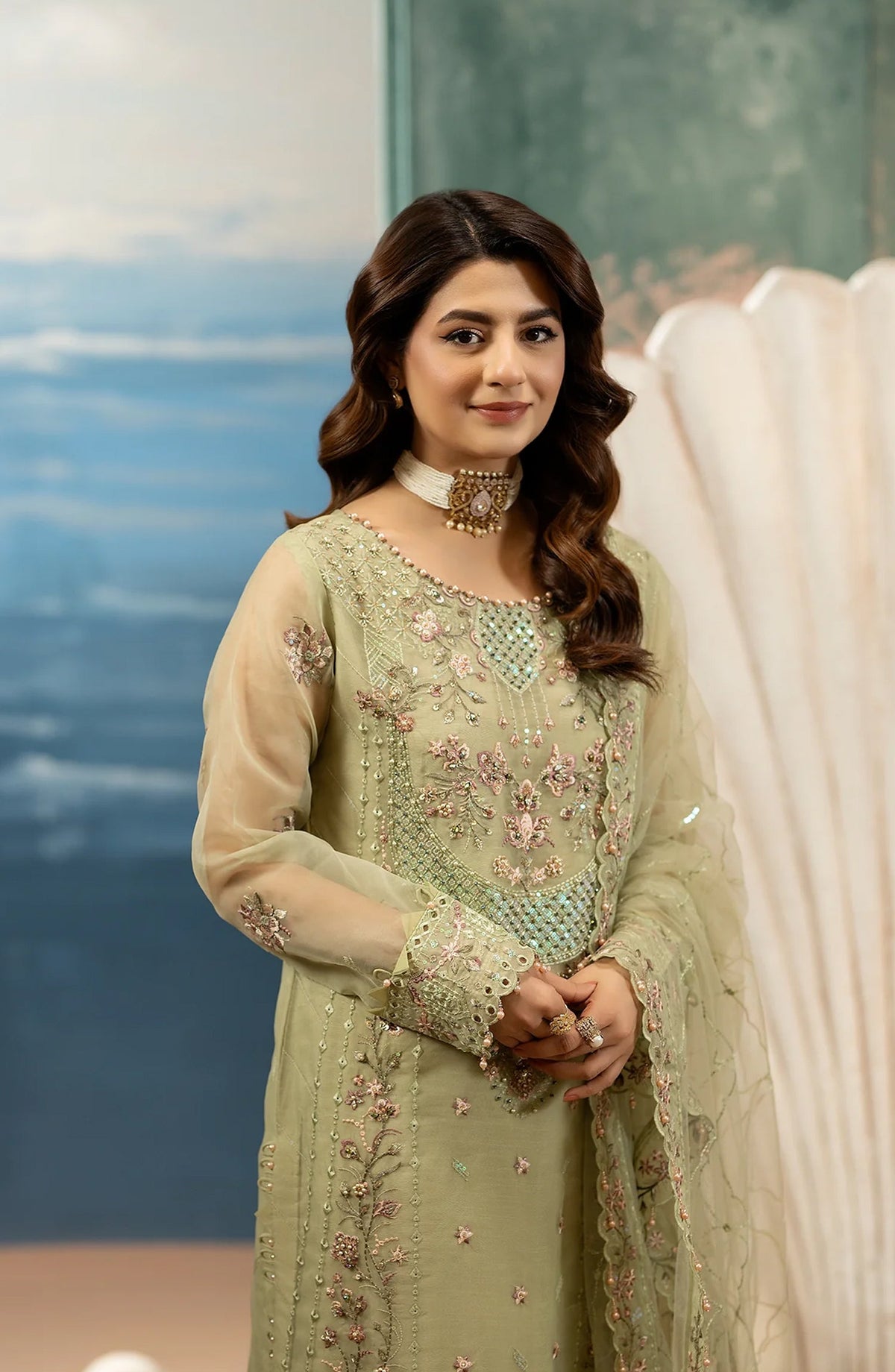 Kimora Embroidered Organza Unstitched 3 Piece Suit - HU-61 - AK26KM - Green - Festive Collection