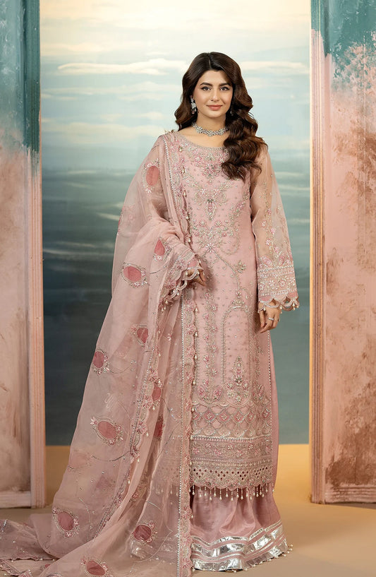 Kimora Embroidered Organza Unstitched 3 Piece Suit - HU-62 - AK26KM - Pink - Festive Collection