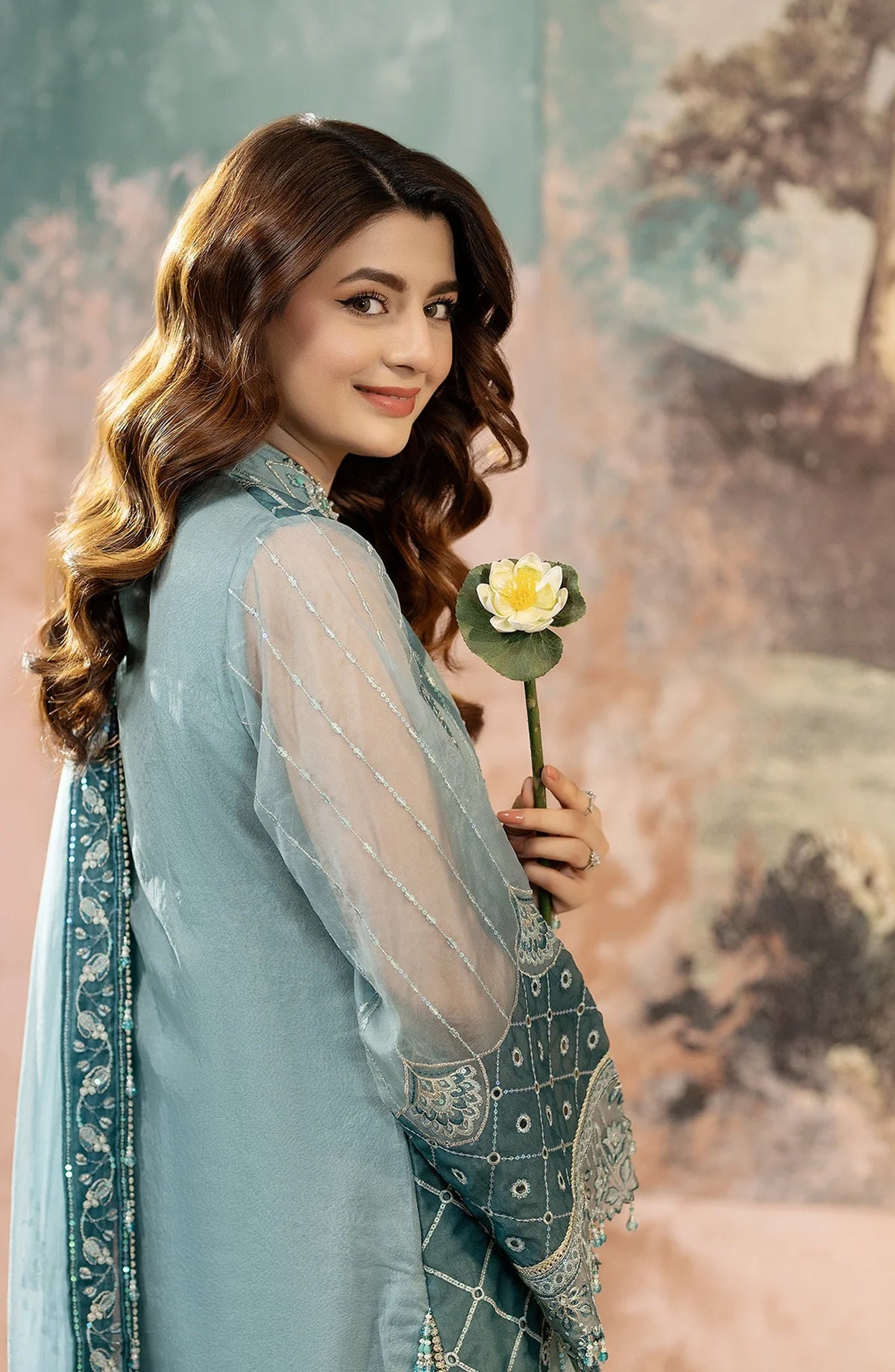 Kimora Embroidered Organza Unstitched 3 Piece Suit - HU-63 - AK26KM - Blue - Festive Collection