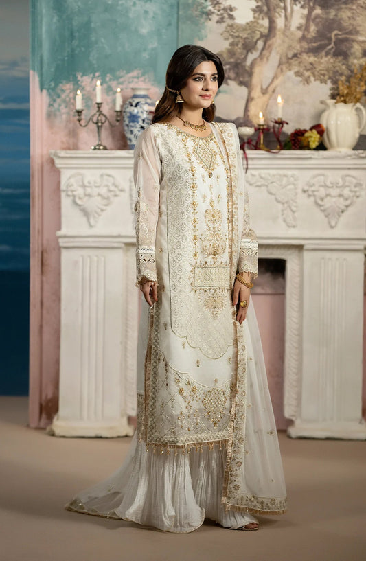 Kimora Embroidered Organza Unstitched 3 Piece Suit - HU-64 - AK26KM - White - Festive Collection