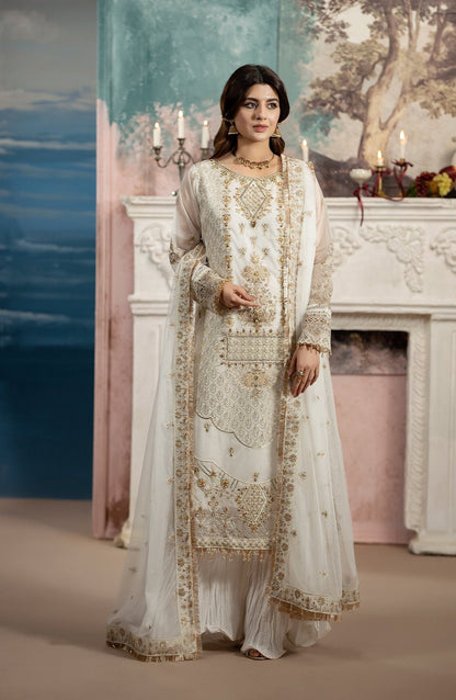 Kimora Embroidered Organza Unstitched 3 Piece Suit - HU-64 - AK26KM - White - Festive Collection