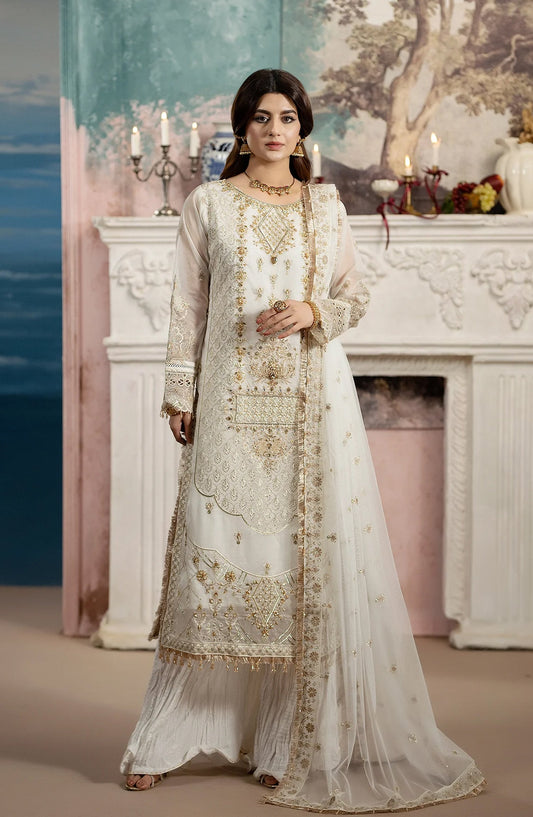 Kimora Embroidered Organza Unstitched 3 Piece Suit - HU-64 - AK26KM - White - Festive Collection