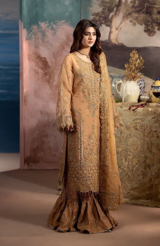 Kimora Embroidered Organza Unstitched 3 Piece Suit - HU-65 - AK26KM - Orange - Festive Collection
