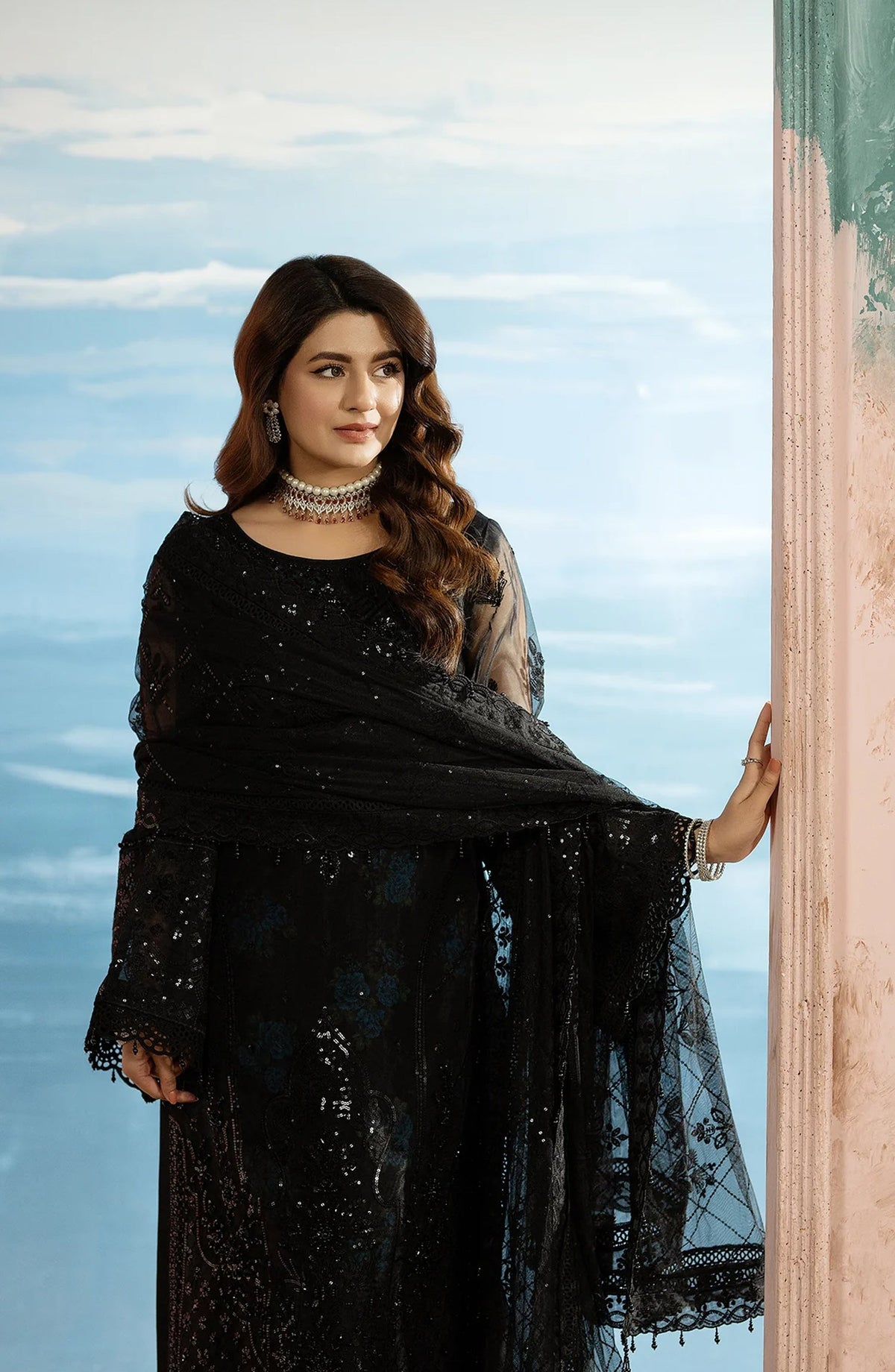 Kimora Embroidered Organza Unstitched 3 Piece Suit - HU-66 - AK26KM - Black - Festive Collection