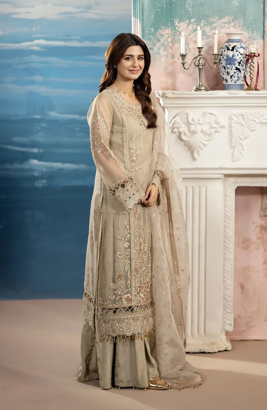 Kimora Embroidered Organza Unstitched 3 Piece Suit - HU-69 - AK26KM - Beige - Festive Collection