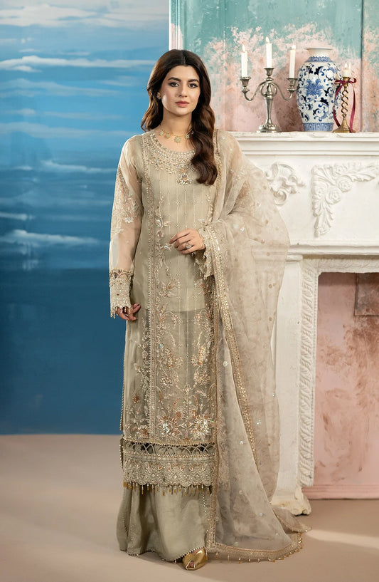 Kimora Embroidered Organza Unstitched 3 Piece Suit - HU-69 - AK26KM - Beige - Festive Collection