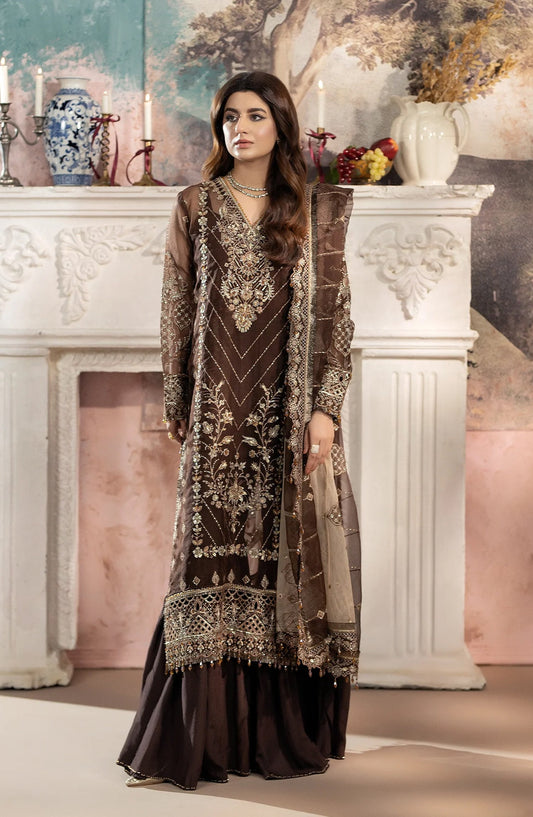Kimora Embroidered Organza Unstitched 3 Piece Suit - HU-70 - AK26KM - Brown - Festive Collection