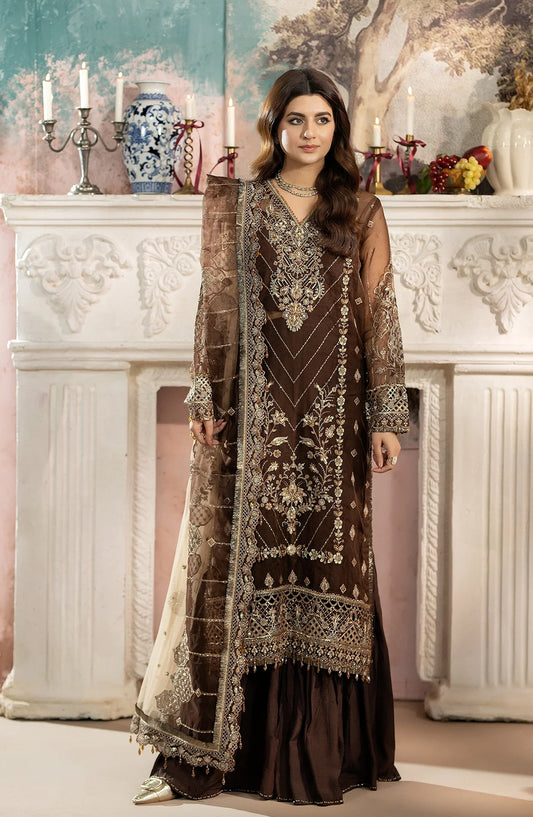 Kimora Embroidered Organza Unstitched 3 Piece Suit - HU-70 - AK26KM - Brown - Festive Collection