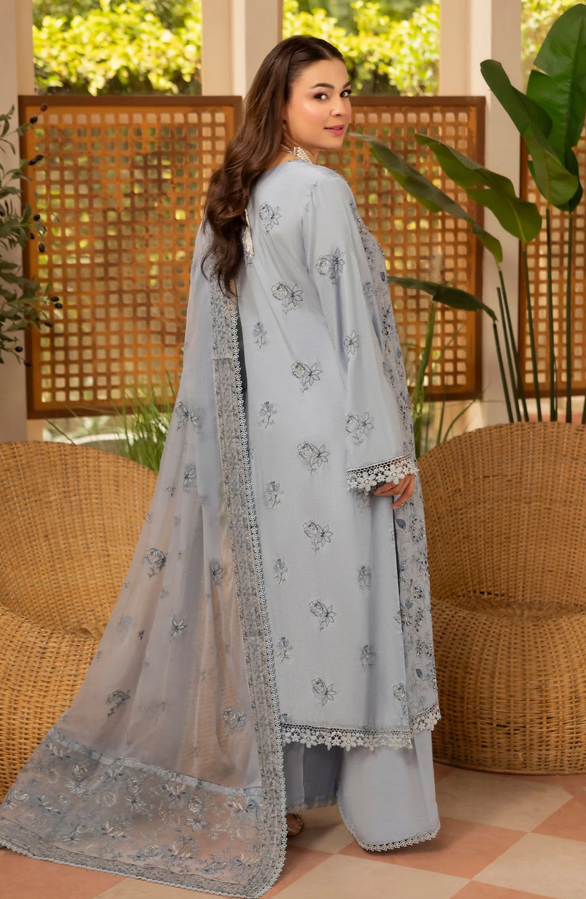 Zaryab Embroidered Silk Karandi Unstitched 3 Piece Suit - KRS-293 - AK26YB - Blue - Winter Collection