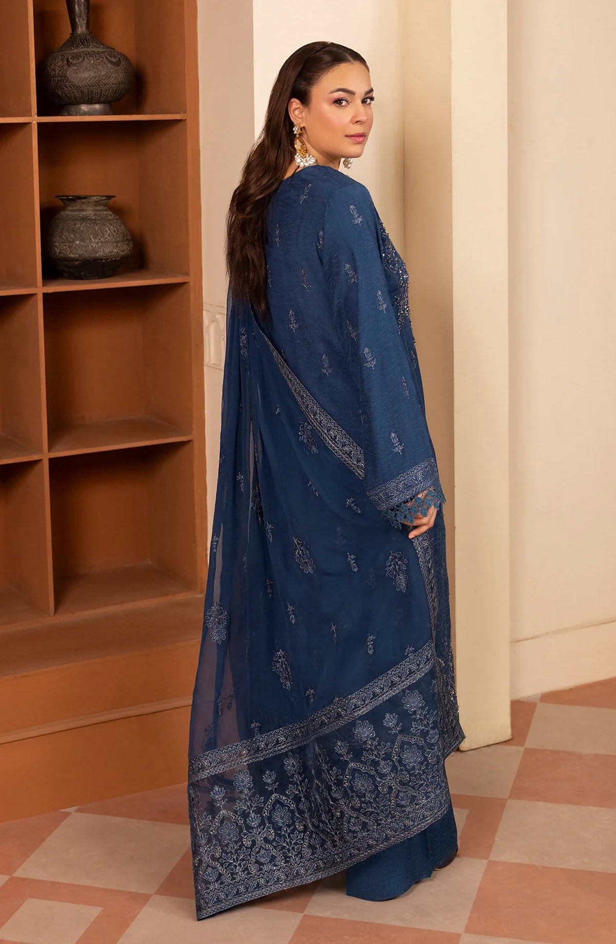 Zaryab Embroidered Silk Karandi Unstitched 3 Piece Suit - KRS-299 - AK26YB - Blue - Winter Collection