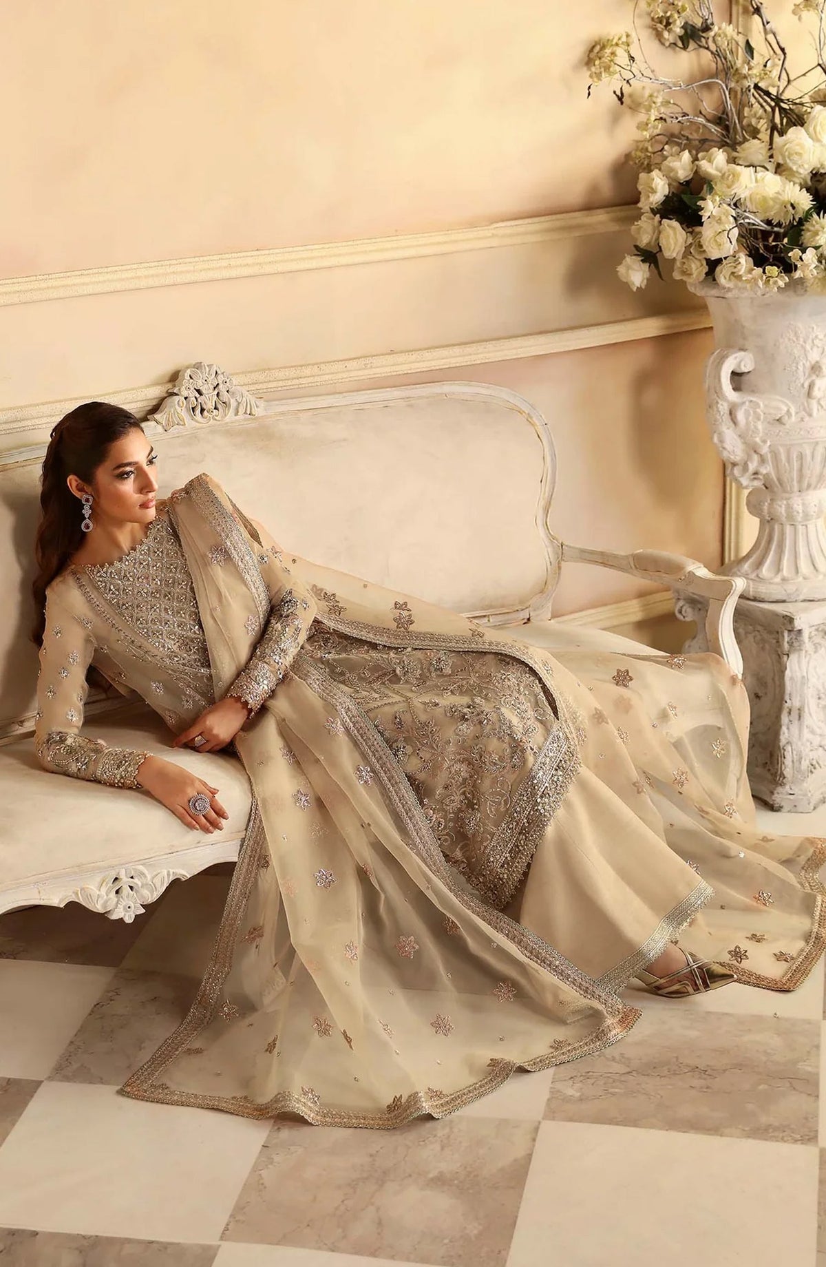 Aleia by Akbar Aslam Luxury Formals Embroidered Organza Unstitched 3 Piece Suit - Nacar - AKA25ALE - Fawn - Festive Collection