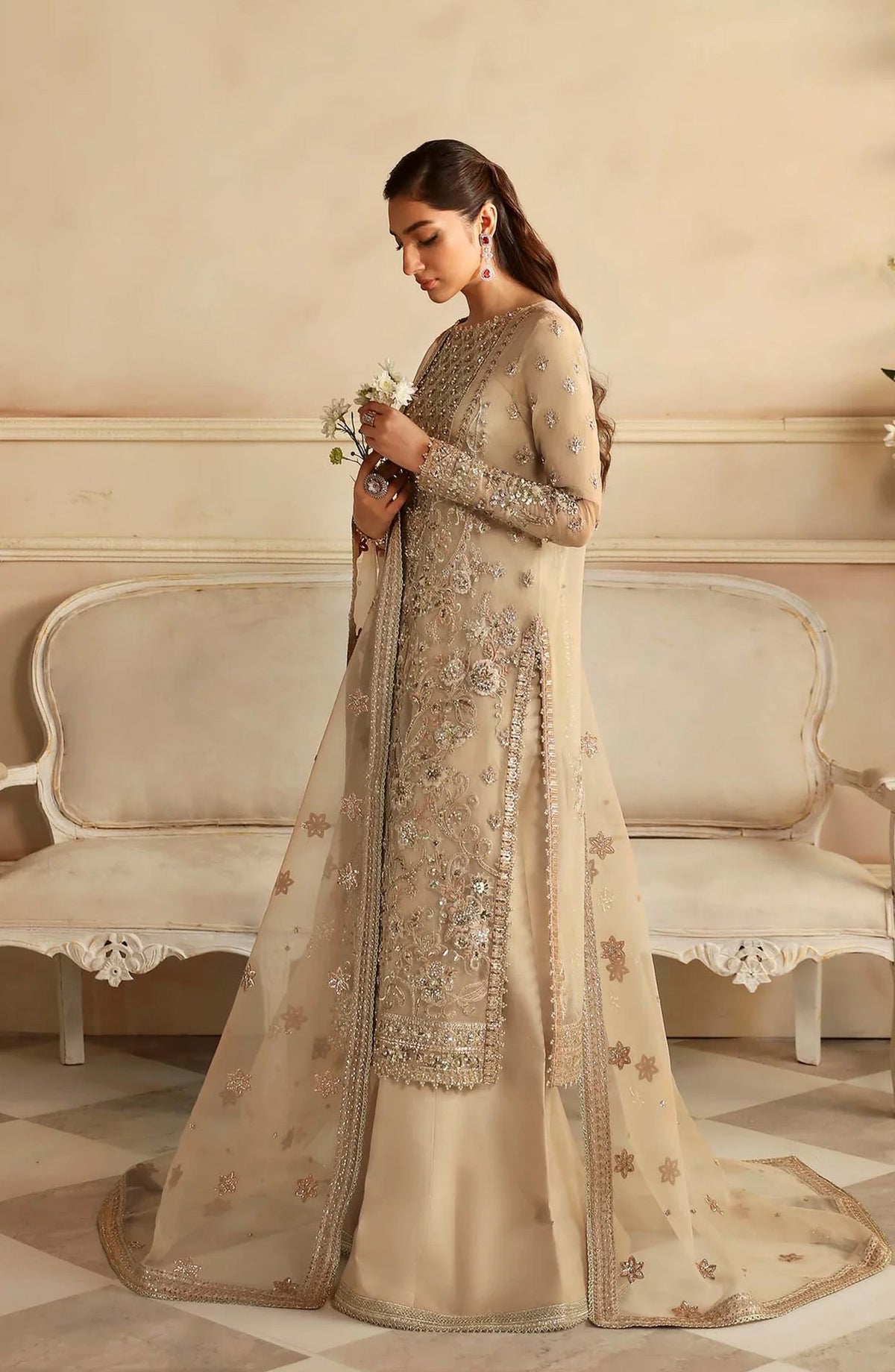 Aleia by Akbar Aslam Luxury Formals Embroidered Organza Unstitched 3 Piece Suit - Nacar - AKA25ALE - Fawn - Festive Collection
