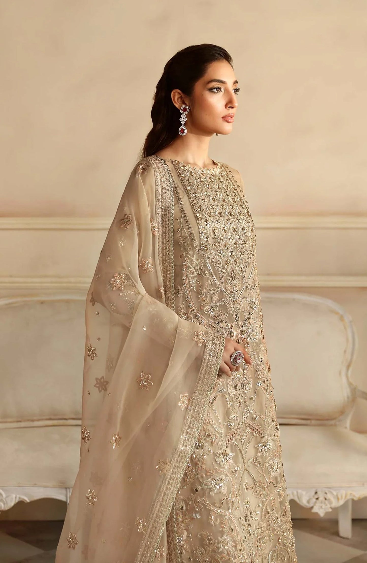 Aleia by Akbar Aslam Luxury Formals Embroidered Organza Unstitched 3 Piece Suit - Nacar - AKA25ALE - Fawn - Festive Collection