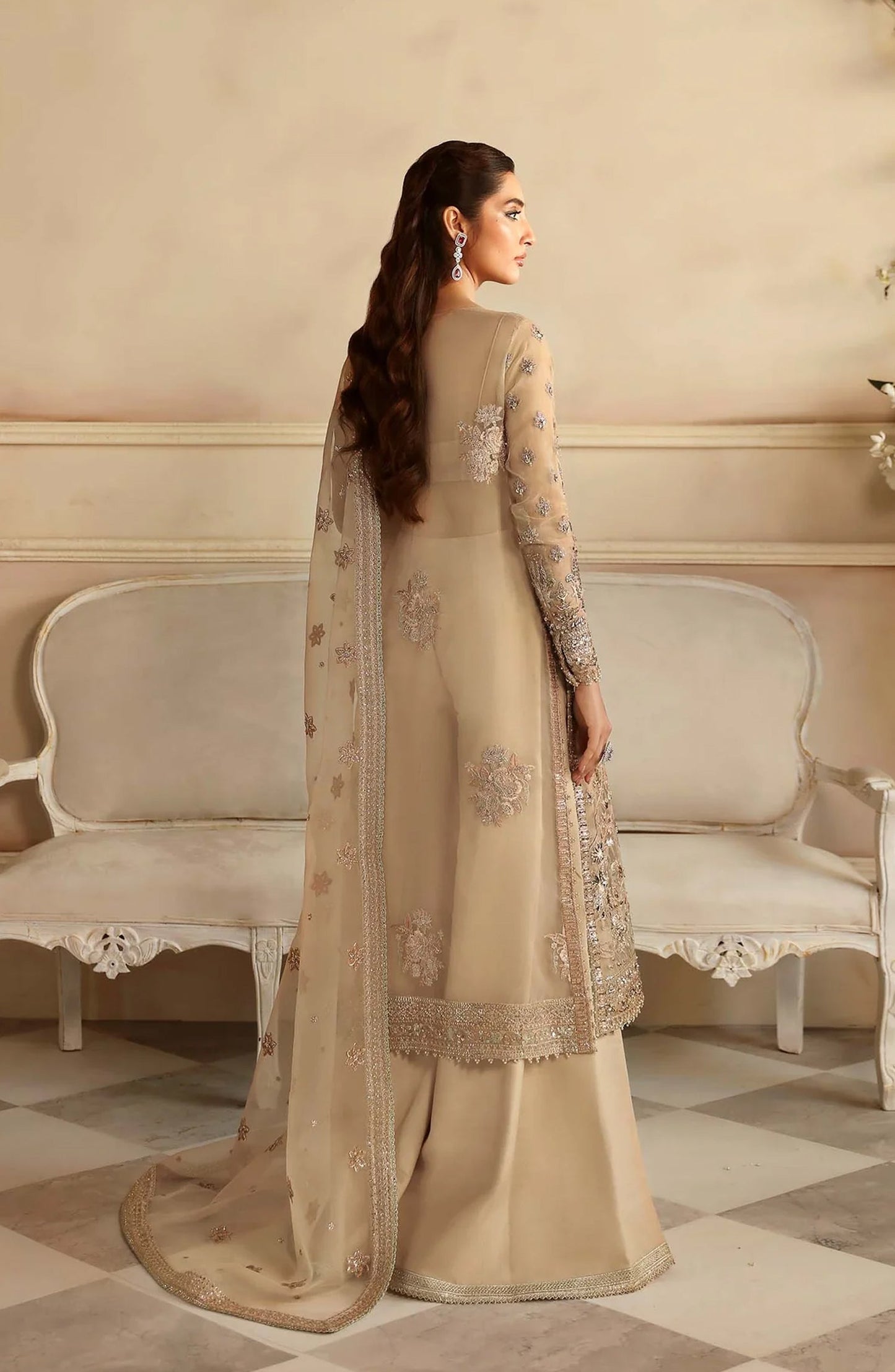 Aleia by Akbar Aslam Luxury Formals Embroidered Organza Unstitched 3 Piece Suit - Nacar - AKA25ALE - Fawn - Festive Collection