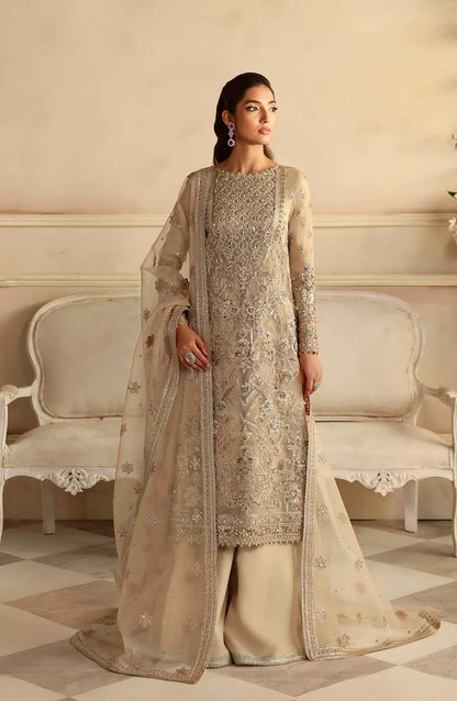 Aleia by Akbar Aslam Luxury Formals Embroidered Organza Unstitched 3 Piece Suit - Nacar - AKA25ALE - Fawn - Festive Collection