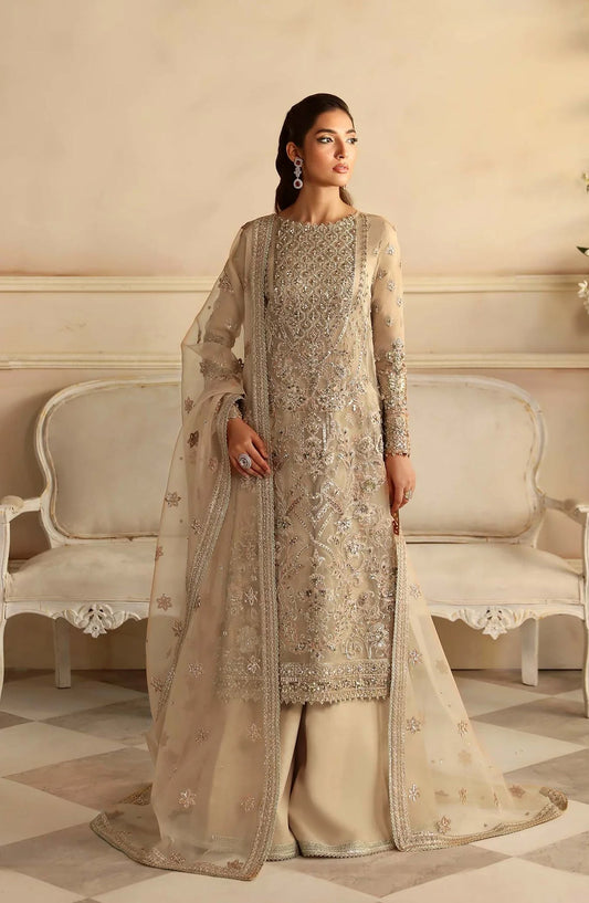 Aleia by Akbar Aslam Luxury Formals Embroidered Organza Unstitched 3 Piece Suit - Nacar - AKA25ALE - Fawn - Festive Collection