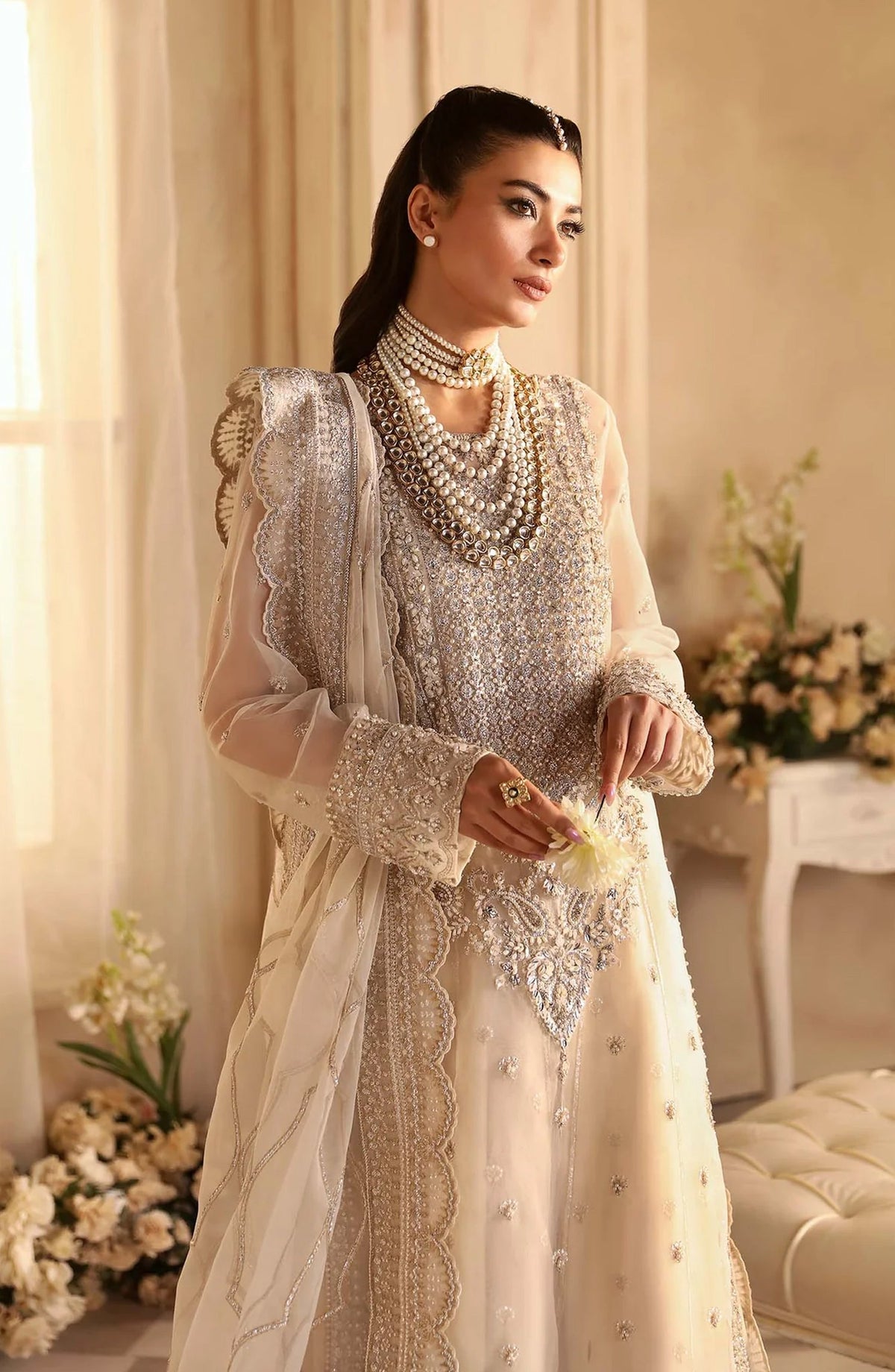 Aleia by Akbar Aslam Luxury Formals Embroidered Organza Unstitched 3 Piece Suit - Azucena - AKA25ALE - Fawn - Festive Collection