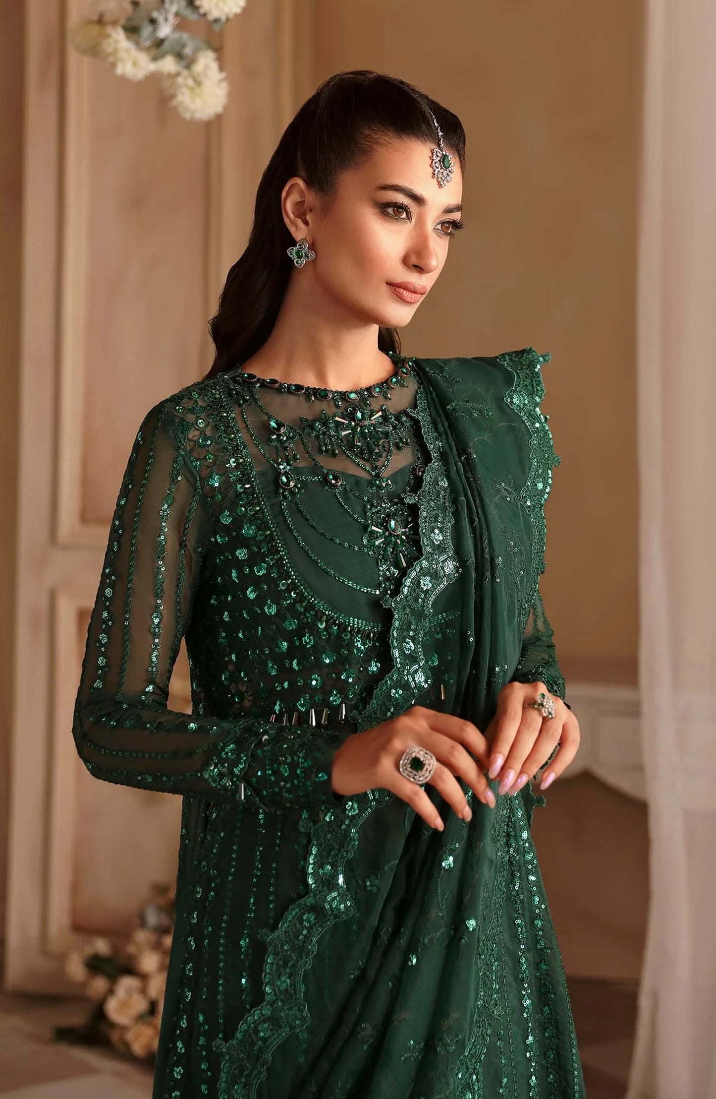 Aleia by Akbar Aslam Luxury Formals Embroidered Organza Unstitched 3 Piece Suit - Emeraude - AKA25ALE - Green - Festive Collection