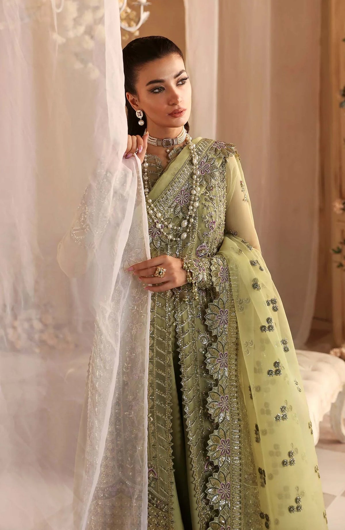 Aleia by Akbar Aslam Luxury Formals Embroidered Organza Unstitched 3 Piece Suit - Seren - AKA25ALE - Green - Festive Collection