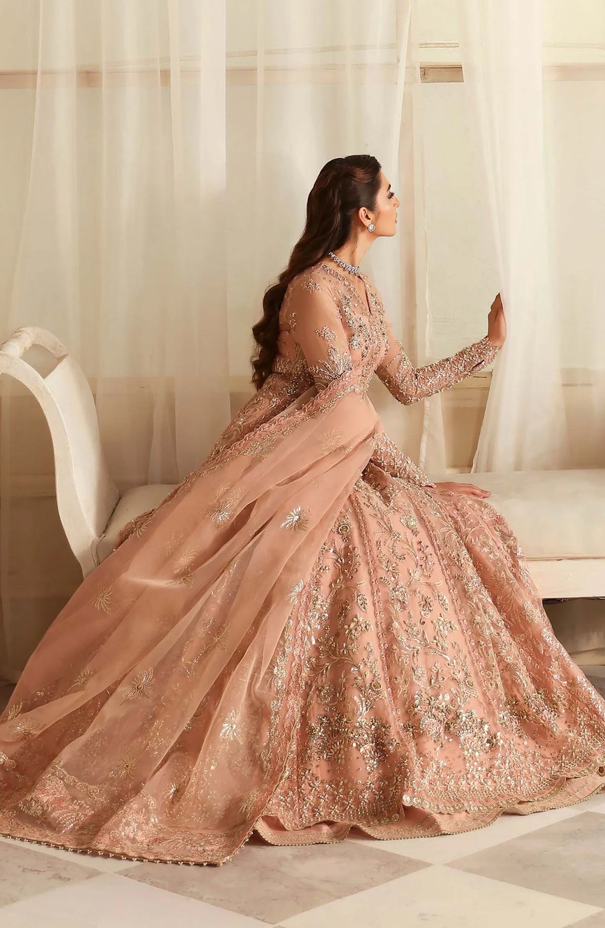 Aleia by Akbar Aslam Luxury Formals Embroidered Organza Unstitched 3 Piece Suit - Sueno - AKA25ALE - Peach - Festive Collection
