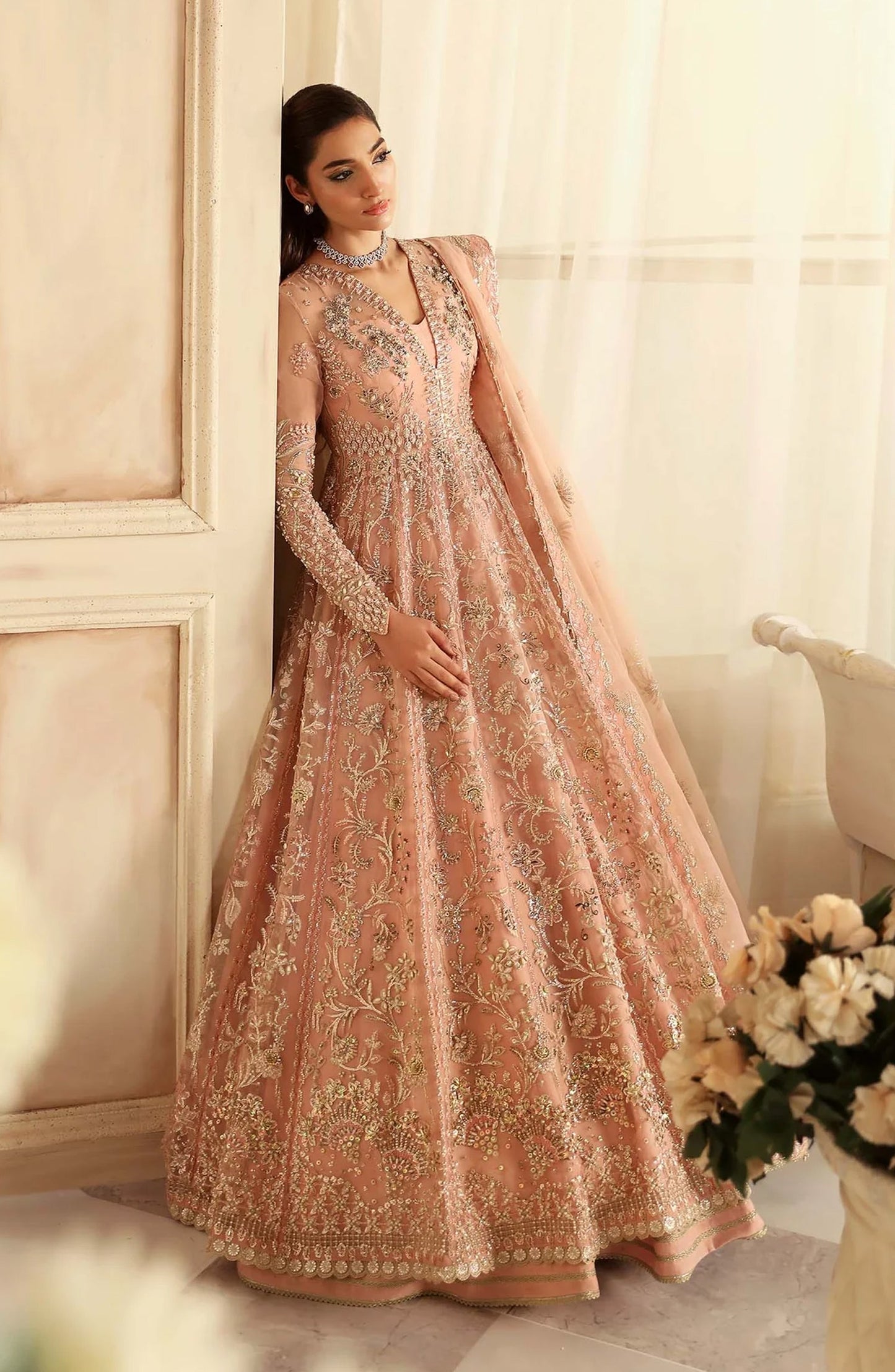 Aleia by Akbar Aslam Luxury Formals Embroidered Organza Unstitched 3 Piece Suit - Sueno - AKA25ALE - Peach - Festive Collection
