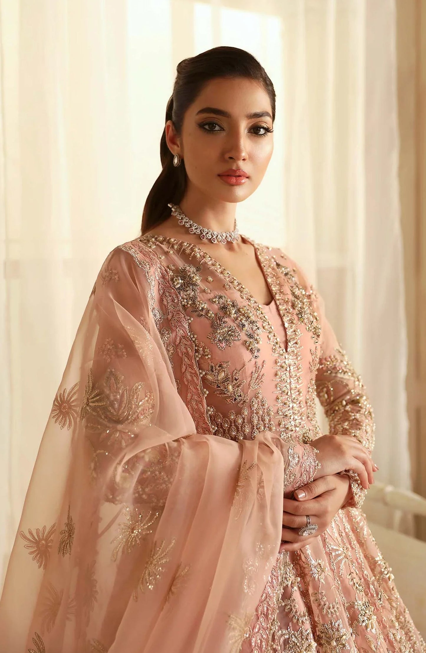Aleia by Akbar Aslam Luxury Formals Embroidered Organza Unstitched 3 Piece Suit - Sueno - AKA25ALE - Peach - Festive Collection