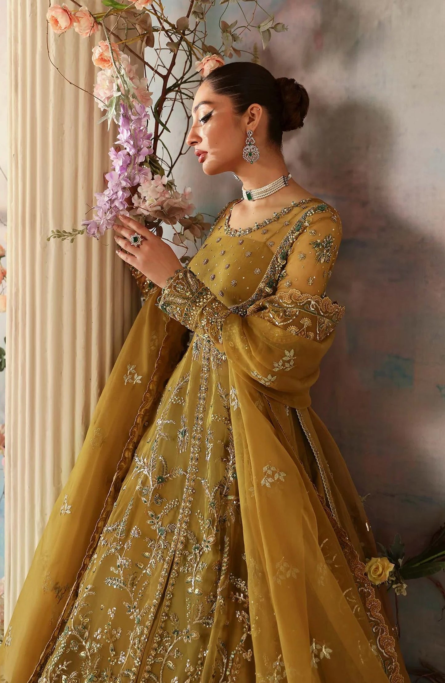 Aleia by Akbar Aslam Luxury Formals Embroidered Organza Unstitched 3 Piece Suit - Sierra - AKA25ALE - Mustard - Festive Collection