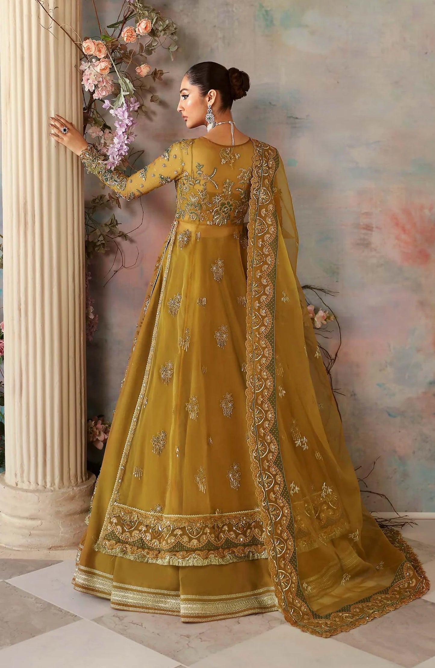 Aleia by Akbar Aslam Luxury Formals Embroidered Organza Unstitched 3 Piece Suit - Sierra - AKA25ALE - Mustard - Festive Collection
