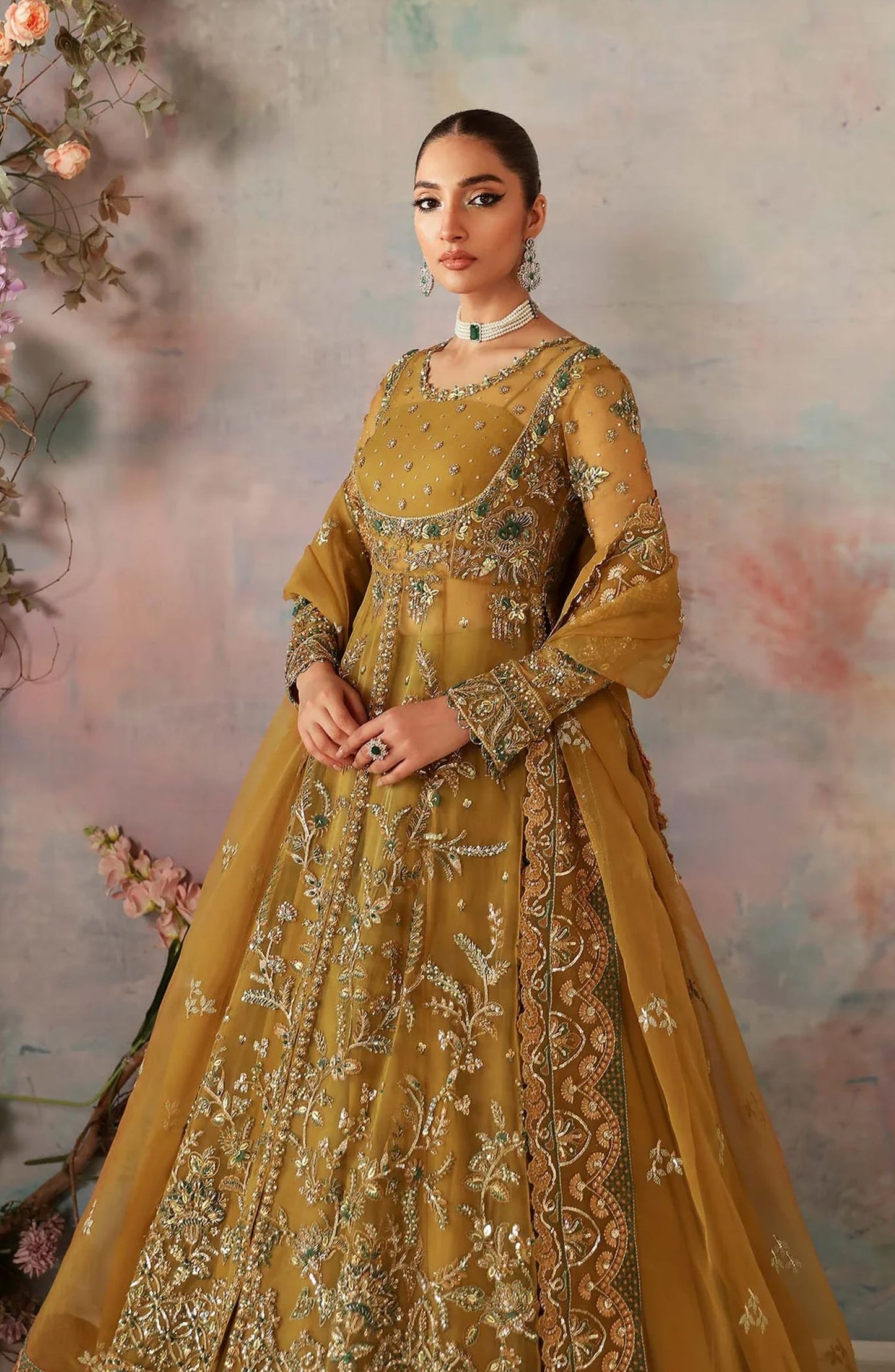 Aleia by Akbar Aslam Luxury Formals Embroidered Organza Unstitched 3 Piece Suit - Sierra - AKA25ALE - Mustard - Festive Collection