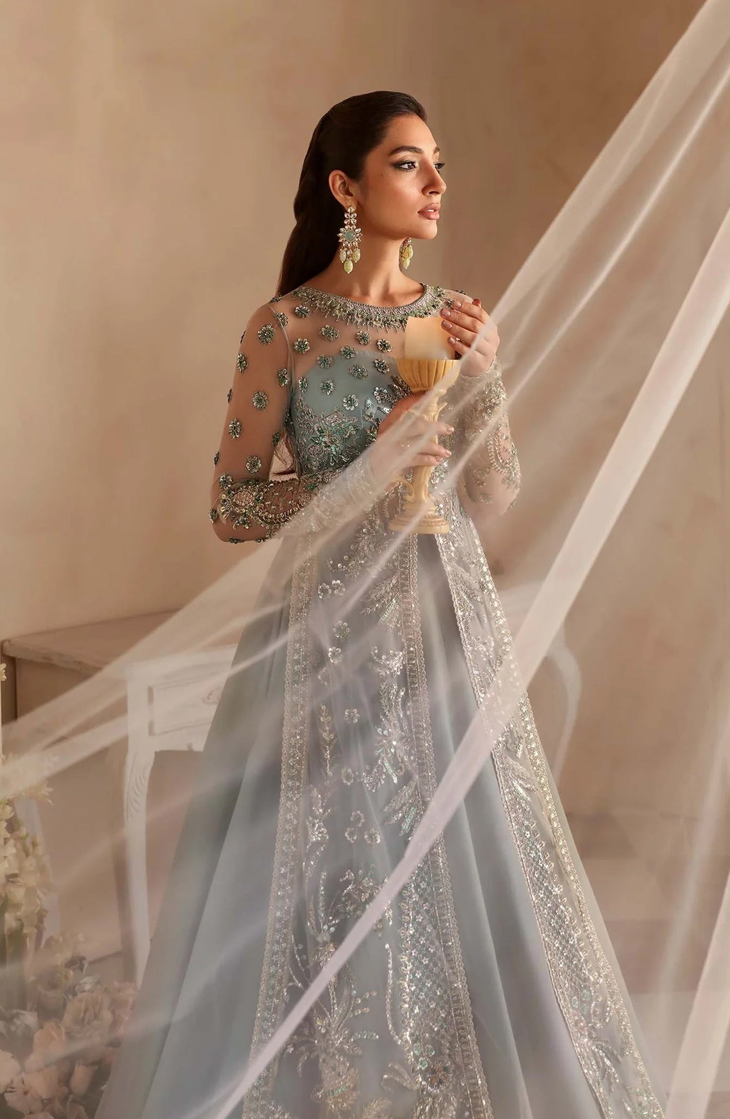 Aleia by Akbar Aslam Luxury Formals Embroidered Net Unstitched 3 Piece Suit - Noche - AKA25ALE - Blue - Festive Collection