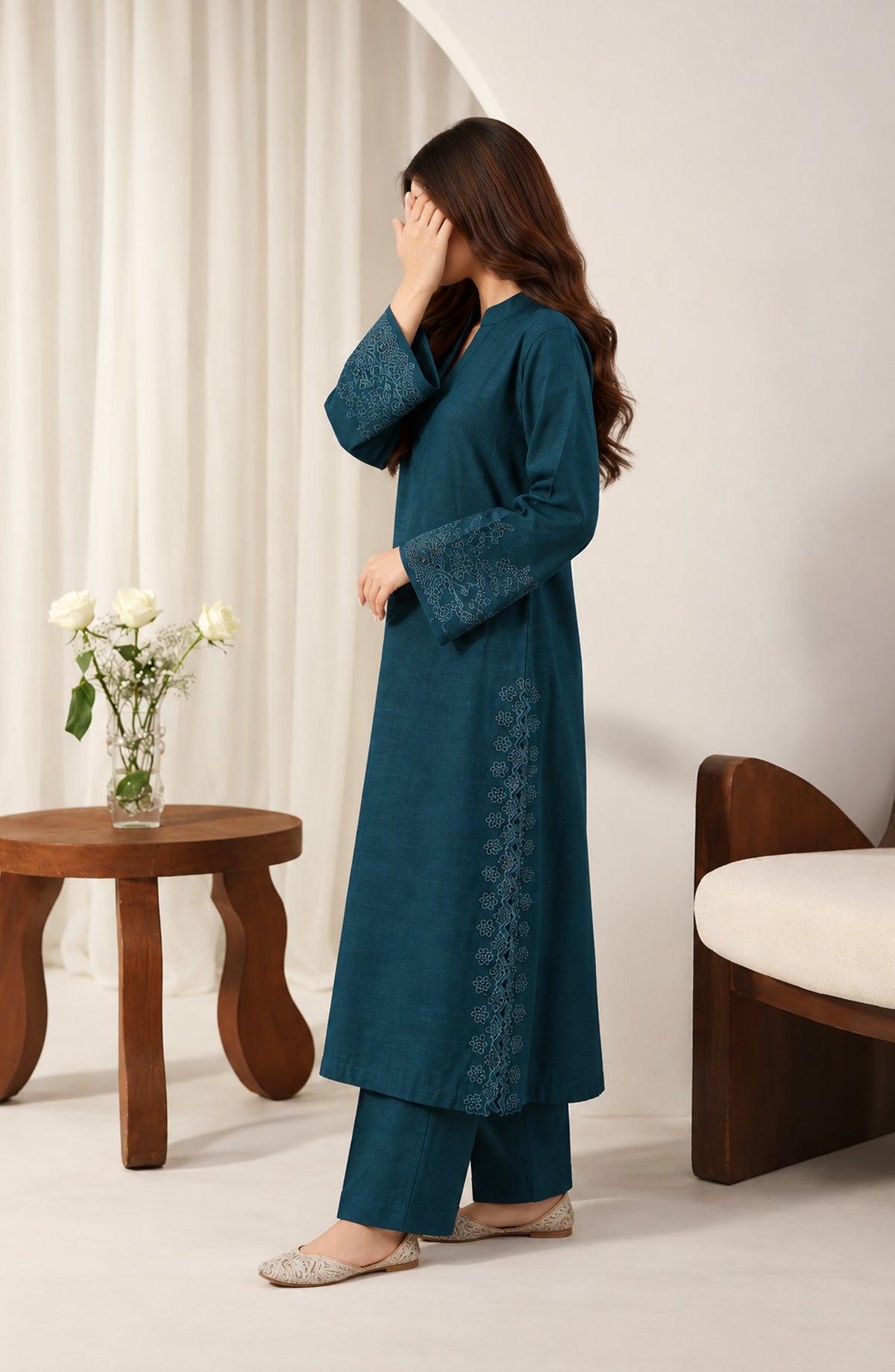 Amaya by Amna Khadija Embroidered Khaddar Stitched 2 Piece Co-ord Set - AKAW-02 - AM26AYA - Blue - Winter Collection