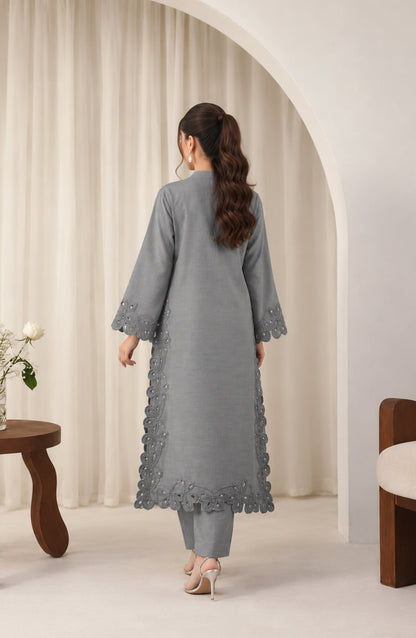 Amaya by Amna Khadija Embroidered Khaddar Stitched 2 Piece Co-ord Set - AKAW-03 - AM26AYA - Grey - Winter Collection