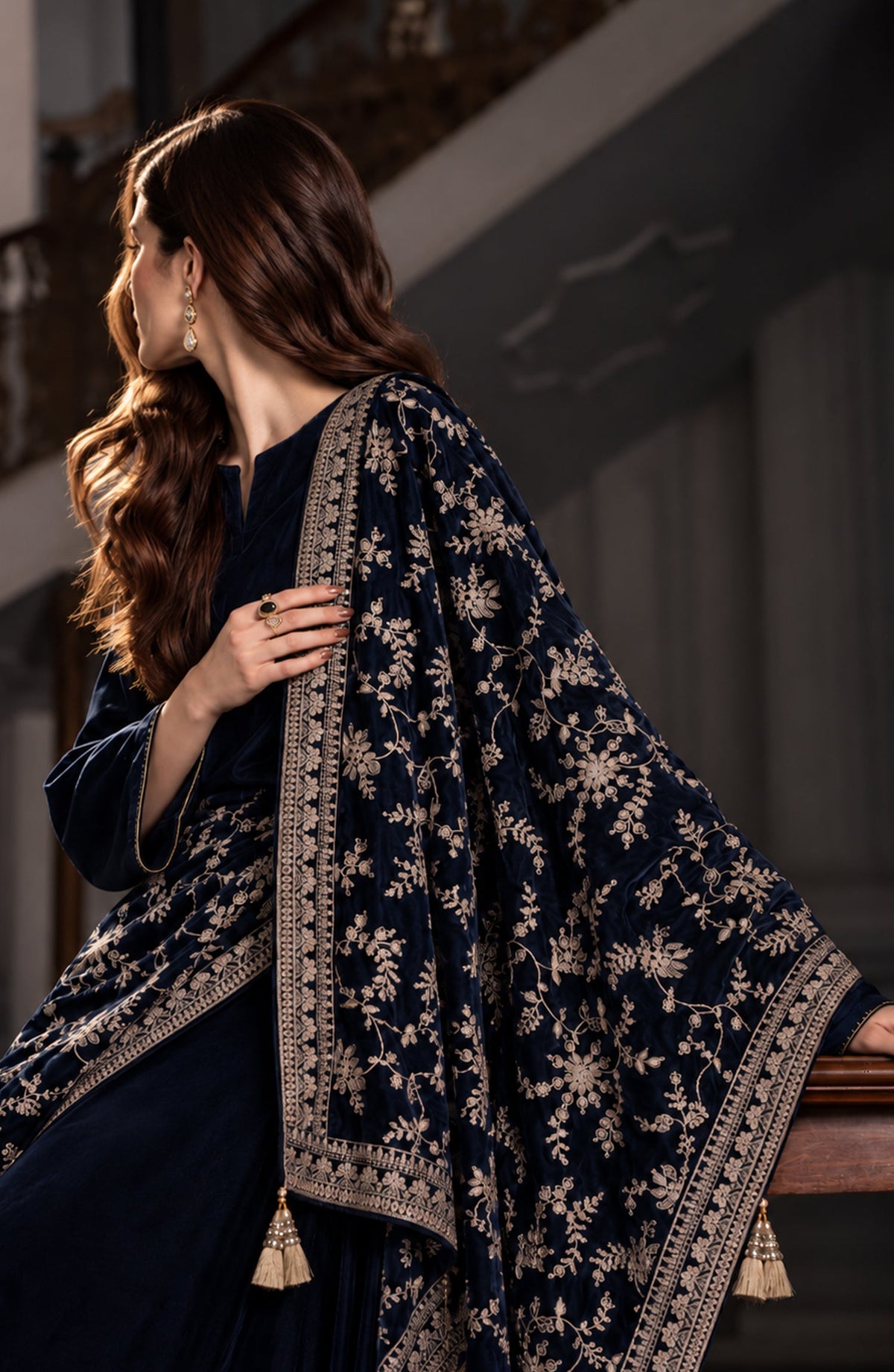 Amna Khadija Mehraab Luxury Embroidered Velvet Shawl - AKM-01 - AM26MHR - Blue - Winter Collection