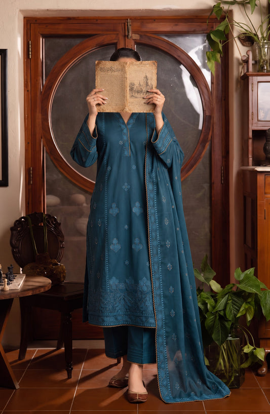 Amna Khadija Noor-e-Nawab Lucknowi Embroidered Cotton Stitched 3 Piece Suit - AKNNL-03 - AM26LKH - Blue - Winter Collection
