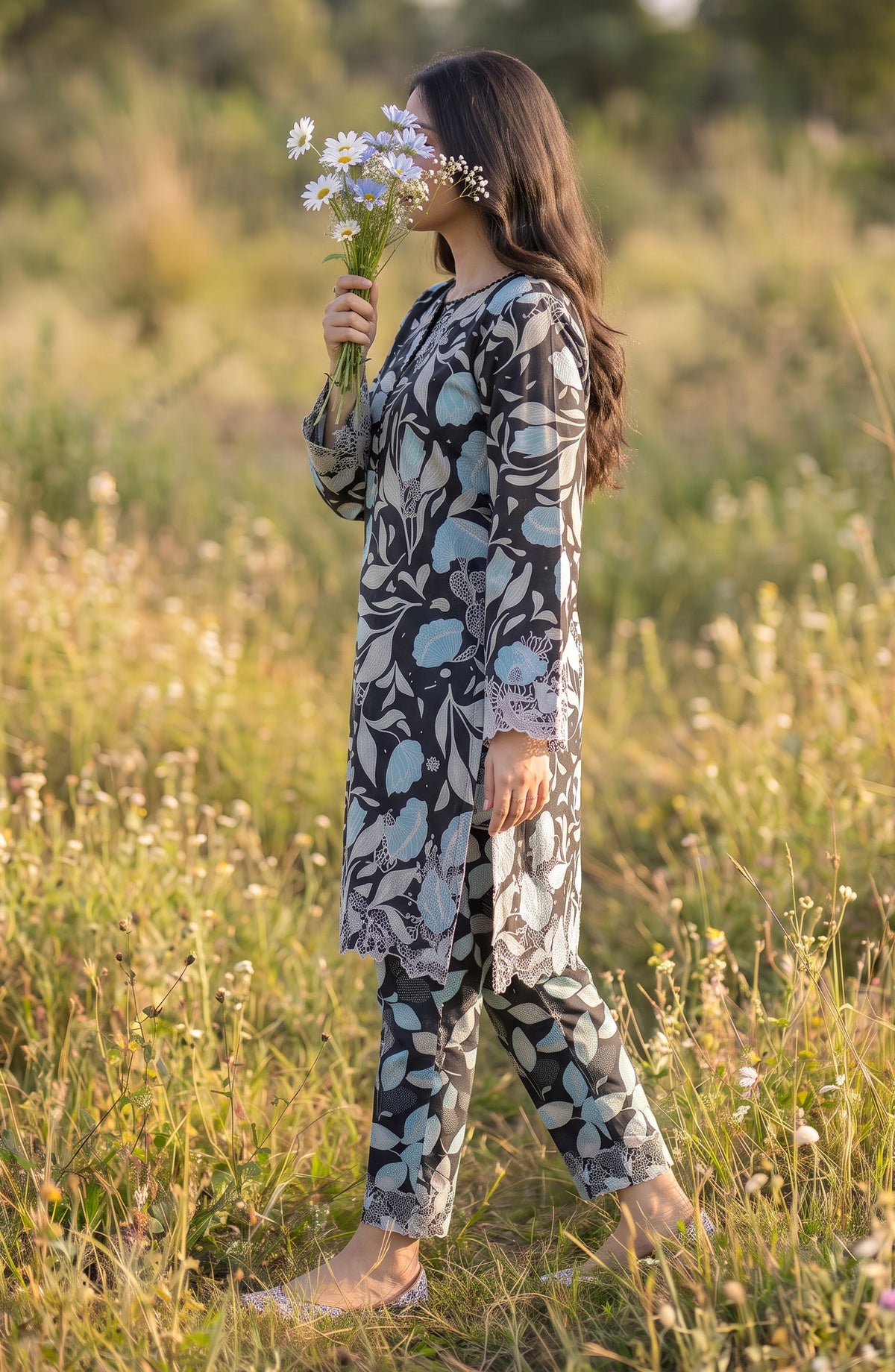 Amna Khadija Embroidered Chikankari Lawn Stitched 2 Piece Co ord Set - AKSE-26 - AM26ETRE - Black - Summer Collection