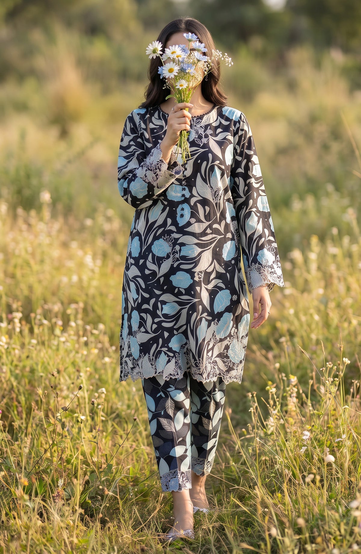 Amna Khadija Embroidered Chikankari Lawn Stitched 2 Piece Co ord Set - AKSE-26 - AM26ETRE - Black - Summer Collection