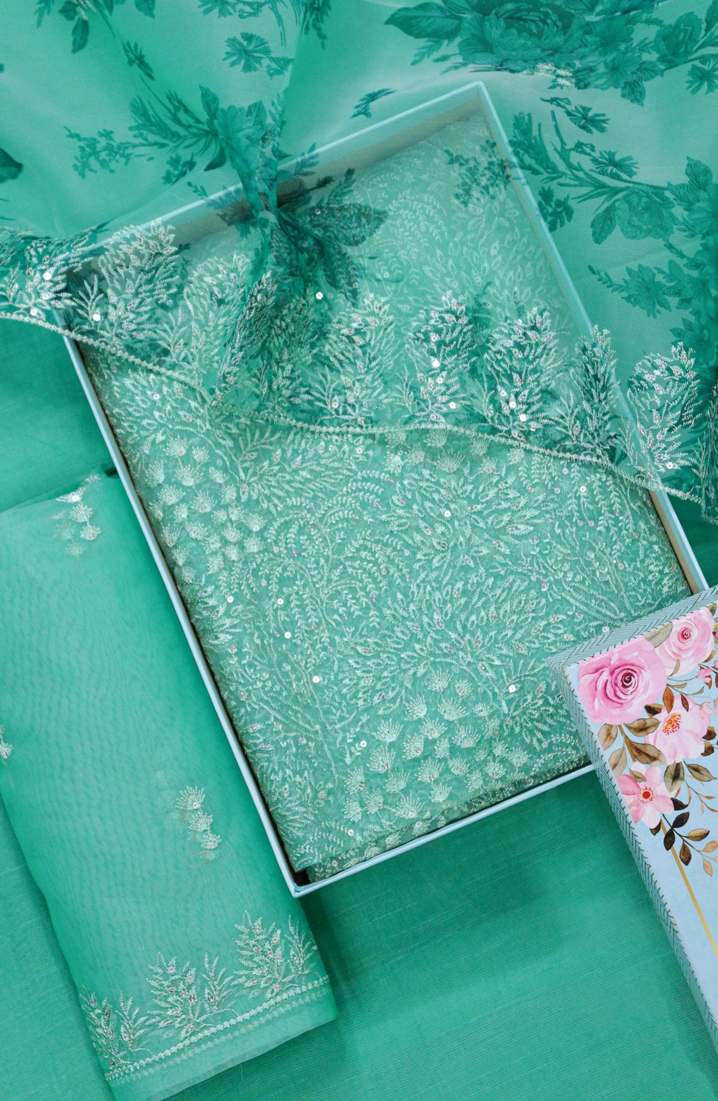 Amna Khadija Embroidered Organza Unstitched 3 Piece Suit - Design-01 - AM25LORG - Sea Green - Formal Collection