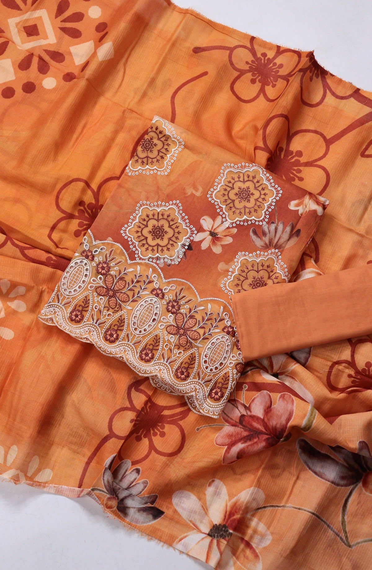 Amna Khadija Fancy Embroidered Lawn Unstitched 3 Piece Suit - EFU-07 - AM26FNC - Orange - Summer Collection