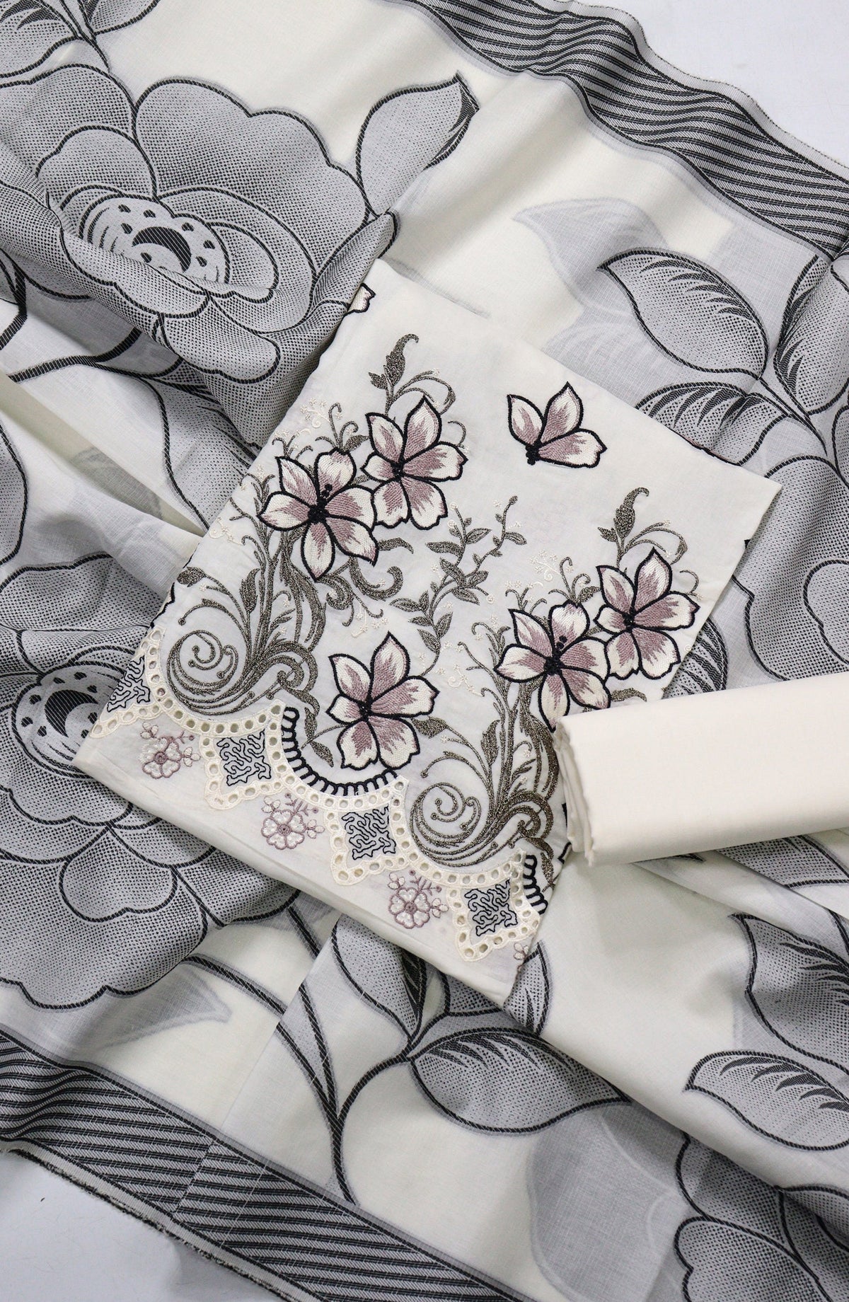 Amna Khadija Fancy Embroidered Chikankari Unstitched 3 Piece Suit - SBD-03 - AM26FNC - White - Summer Collection